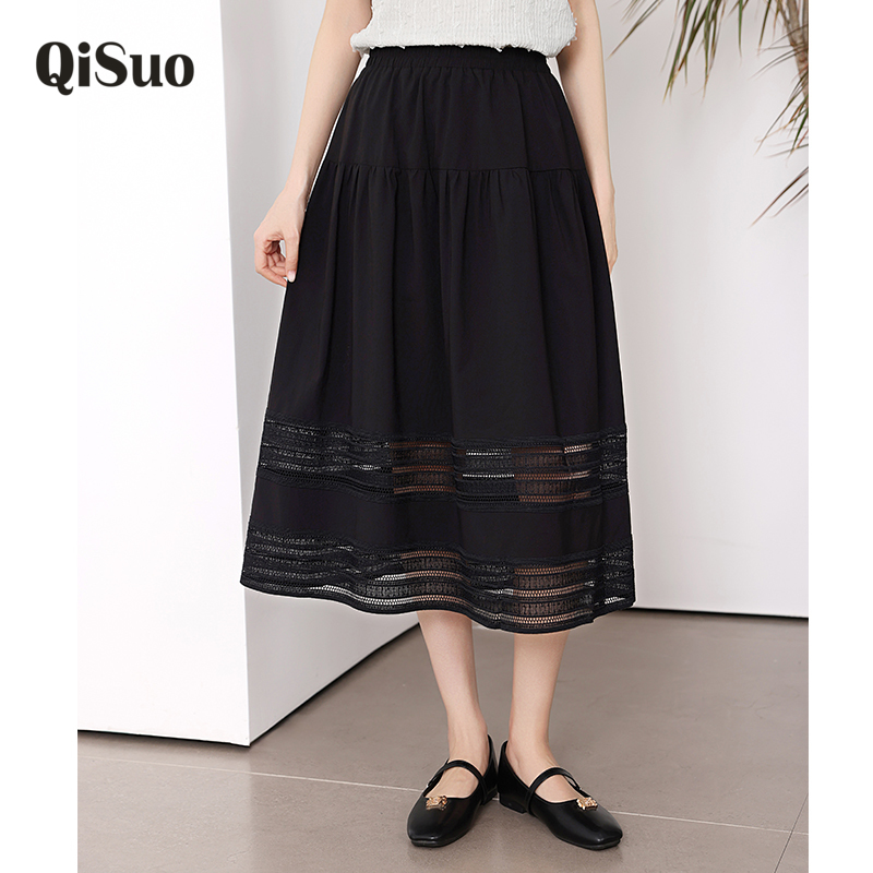 绮娑女装大码中长款半身裙2025年夏装新款遮肉显瘦胖MM蕾丝拼接