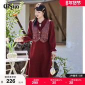 大码 2024冬装 新款 胖妹妹连衣裙高级感假两件磨毛小香风红色A字裙