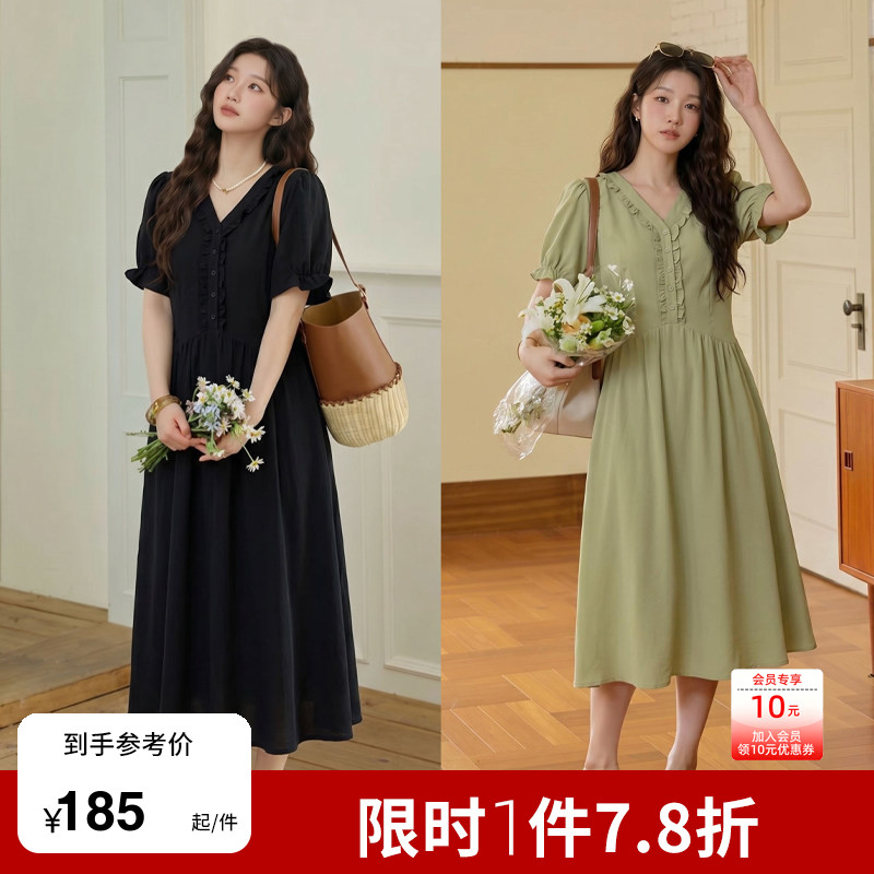 绮娑大码法式木耳边短袖连衣裙女2026夏新款胖MM显瘦百搭长裙图片