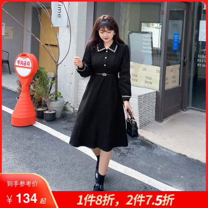 2021秋冬新款中长款遮肉法式桔梗斜纹磨毛气质连衣裙显瘦大码胖mm