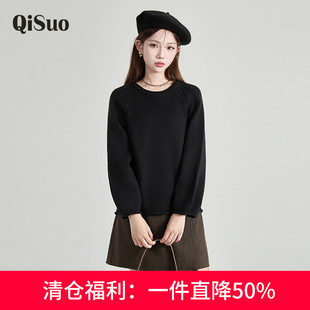 上衣显瘦胖MM长袖 绮娑大码 秋冬新款 女装 套头黑色毛衣上衣女 针织衫