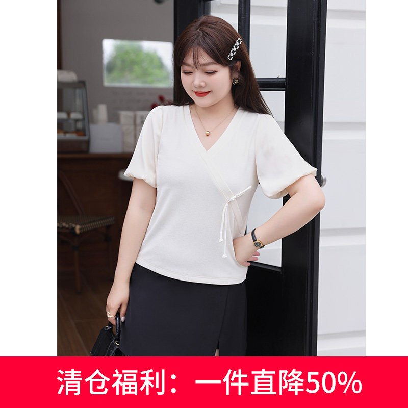 显瘦胖MM大码针织T恤短袖2023年夏季新款灯笼袖胖妹妹显瘦上衣女图片