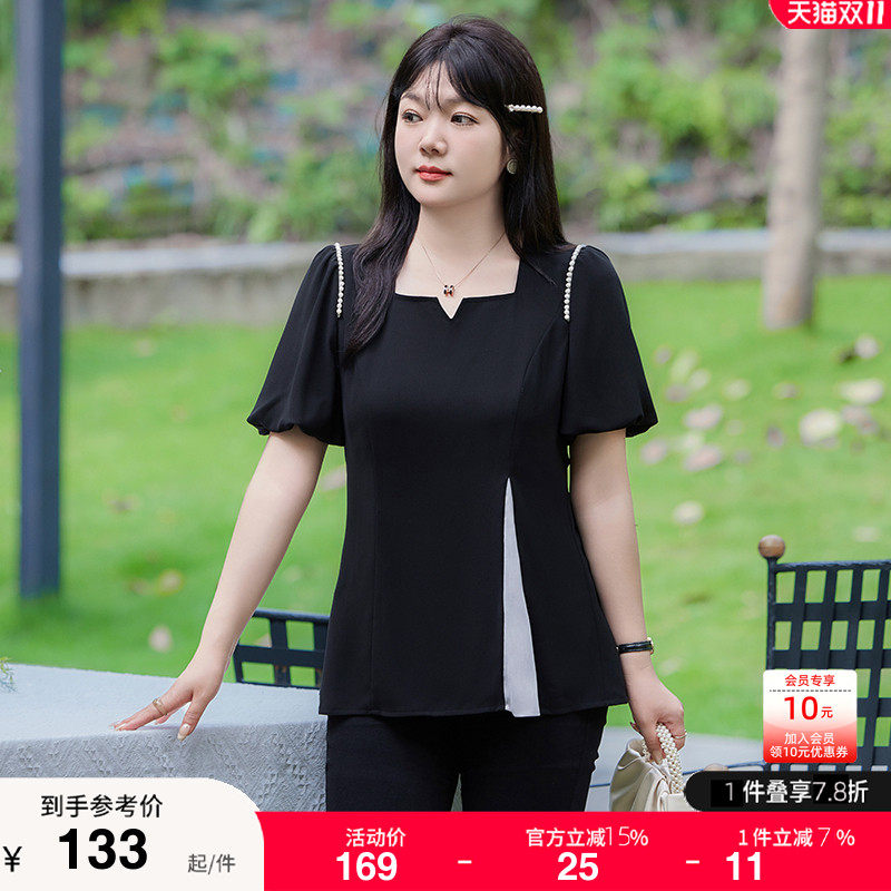 显瘦大码女装黑色短袖上衣夏装新款法式气质V领泡泡袖开衩雪纺衫