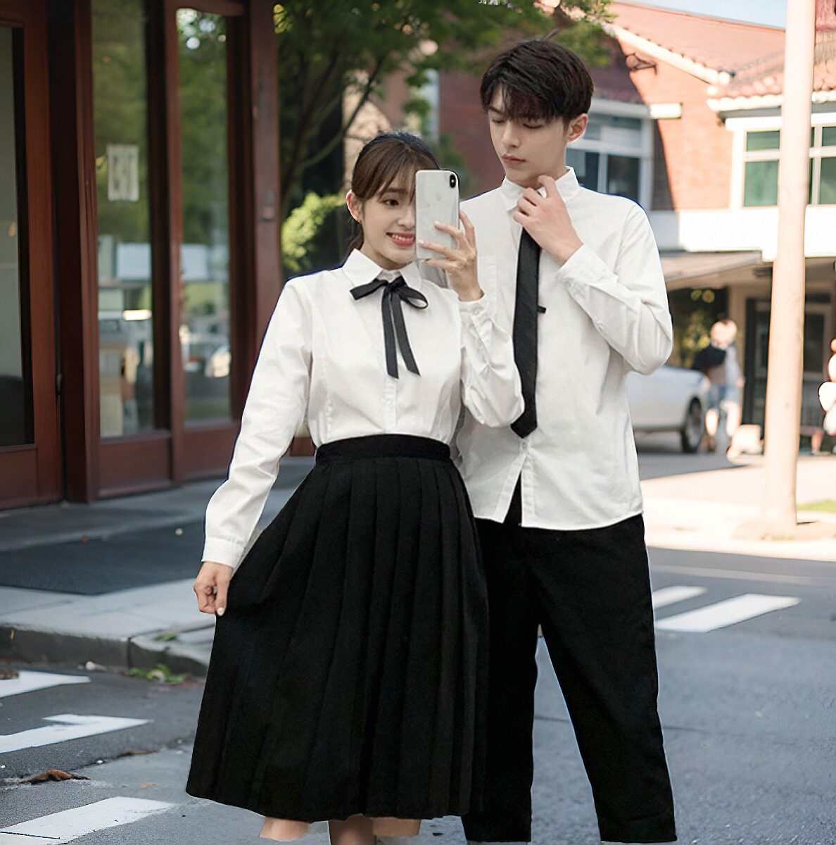 白衬衫黑裤子百褶裙套装初中高中大学生校服班服表演男女春秋合唱