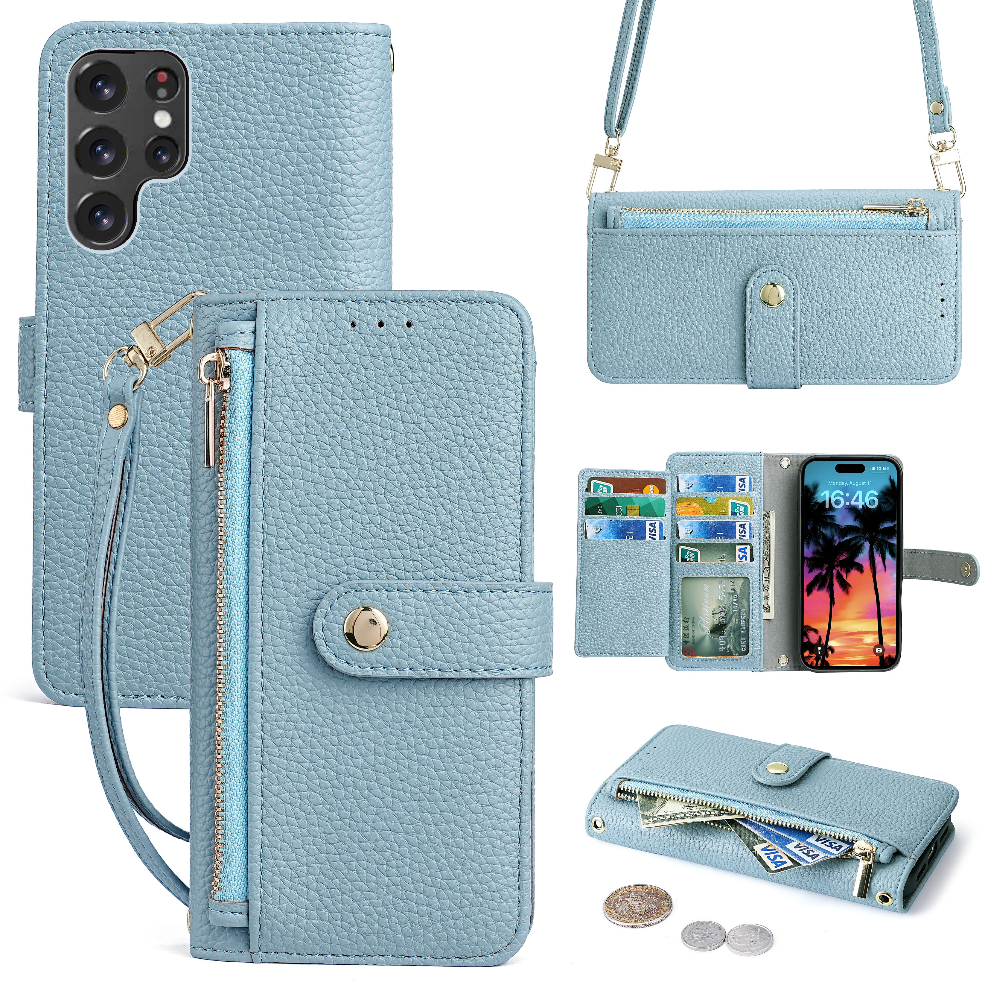 S26plus卡套一体适用三星S25手机壳带斜挎挂绳S24ultra零钱包S25FE收纳包A56可背A36放卡A55女士A54翻盖皮套