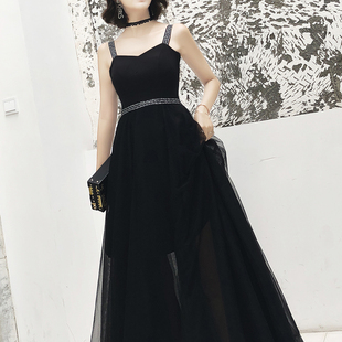 2022长裙表演公司宴会年会黑色吊带晚女生日聚会显瘦洋装小礼服裙