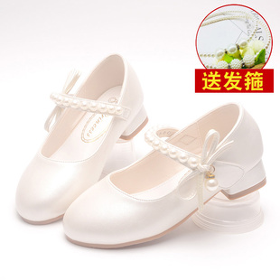 童鞋小女孩皮鞋白色蝴蝶结春秋季女童高跟鞋珍珠扣单鞋学生表演鞋
