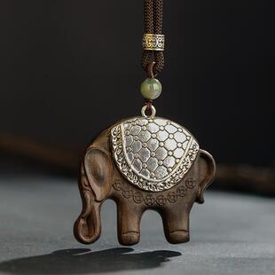 吉象如意~民族风配饰手工雕刻檀木象吊坠复古风长款毛衣链女项链