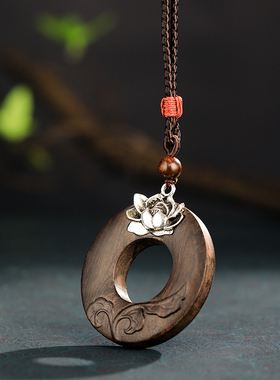 毛衣链手工雕刻莲花平安扣木质