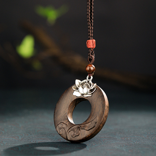 莲花平安扣~手工雕刻檀木平安扣吊坠长项链复古民族风木质毛衣链