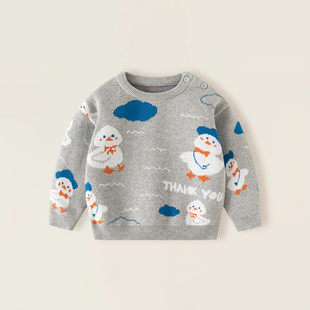 宝宝毛衣秋冬新款婴儿男女童a类纯棉鸭子圆领套头双层加厚针织衫