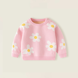 女宝宝毛衣秋冬新款婴儿女童a类纯棉加厚粉色花朵加厚套头针织衫