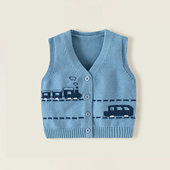 婴儿针织背心春秋款 毛线背心 男宝宝小童a类单层V领卡通小汽车无袖