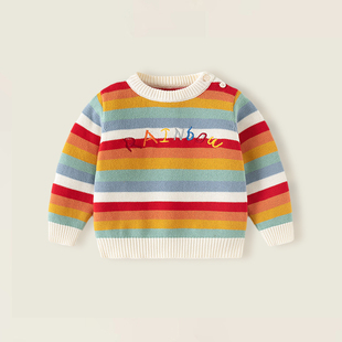 宝宝毛衣秋冬新款男女童婴儿a类纯棉套头彩虹条纹针织打底针织衫