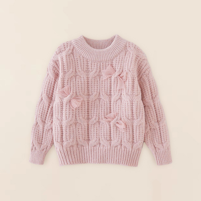 毛衣女童冬季婴儿宝宝加厚粉色手工编织套头蝴蝶结儿童打底针织衫