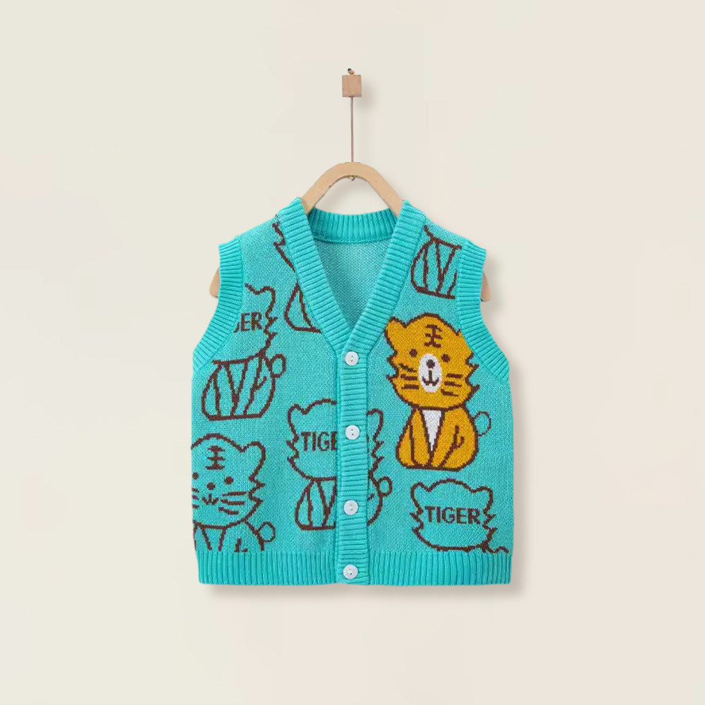 宝宝针织背心马甲开衫春秋款婴幼儿男童纯棉毛线v领老虎图案单层