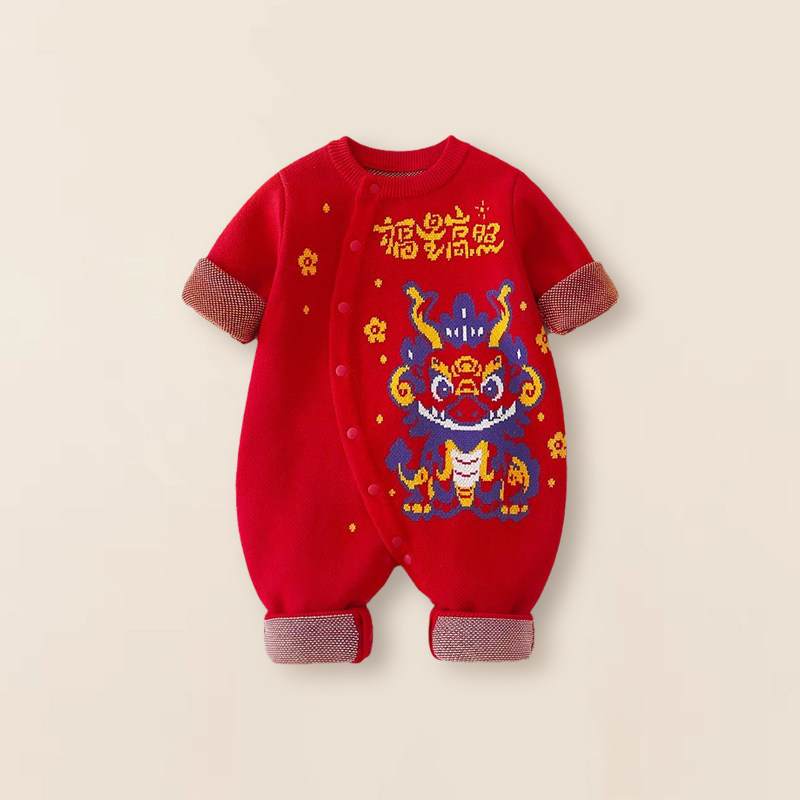 婴儿连体毛衣龙图案红色针织衫图片