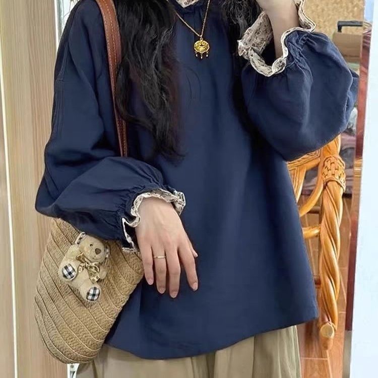 秋季新款大码减龄拼接碎花长袖衬衫宽松显瘦遮肉ins胖mm百搭上衣