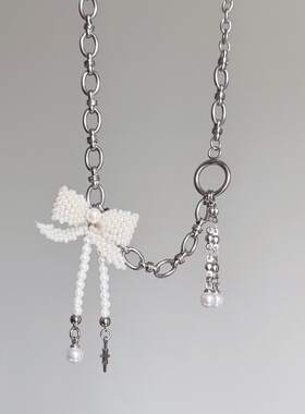 日韩系ins风白色串珠蝴蝶结圈圈拼接项链小众y2k甜酷复古锁骨链