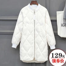 韩版 反季 2021新款 清仓超轻薄羽绒服女中长款 宽松白鸭绒棒球外套潮