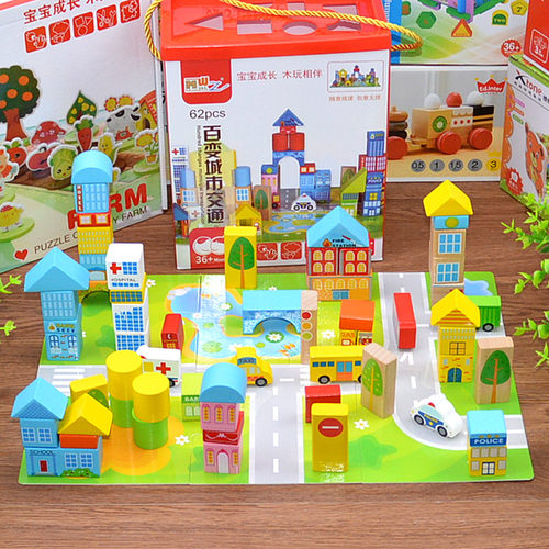 62pcs City Car Traffic Scene Model Wooden Building Blocks