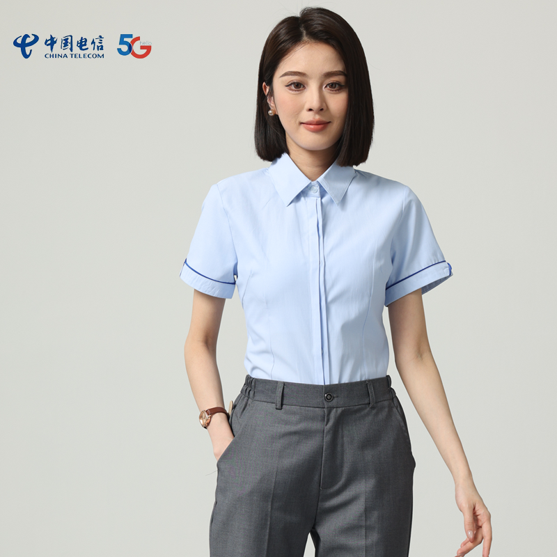 新款中国电信女短袖衬衣夏季营业员工作服蓝色半袖衬衫电信款工装