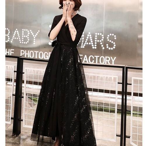 黑色晚礼服裙女2024新款宴会气质长款主持人连衣裙高端高级轻奢