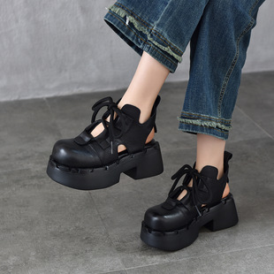 复古头层牛皮镂空凉鞋女2026春夏厚底系带后空罗马凉鞋真皮女凉靴