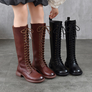 高品质里外全真皮头层牛皮高筒长靴子系带平底马丁靴2025秋冬女靴
