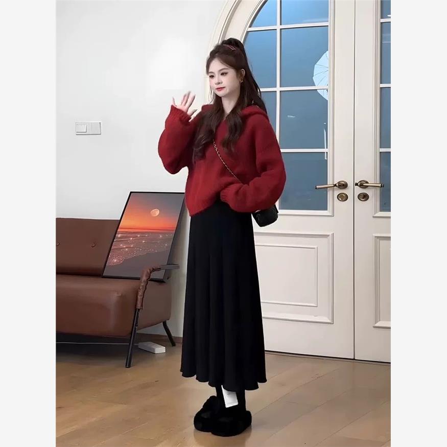 红色毛衣连衣裙子女2025新款巨好看小个子早秋季韩系穿搭一整套装