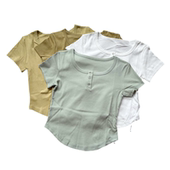 2025坑条打底T恤气质休闲上衣t 新款 纯欲纽扣半开领针织短袖 女夏季