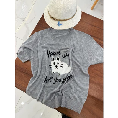 卡通猫咪提花薄款针织短袖女