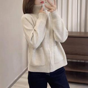 纯色高领口袋拉链针织开衫 宽松慵懒毛衣外套 女秋冬季 加厚上衣韩版
