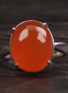 保山南红玛瑙无裂天然原矿冰红蛋面女款925银戒指戒面4.37克