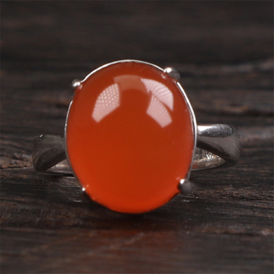 保山南红玛瑙无裂天然原矿冰红蛋面女款925银戒指戒面4.37克