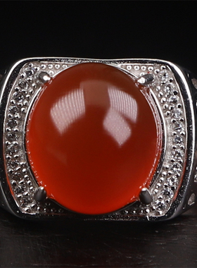 保山南红 无裂原矿黑红料牛血红冰红戒面 男款925银戒指 8.31克