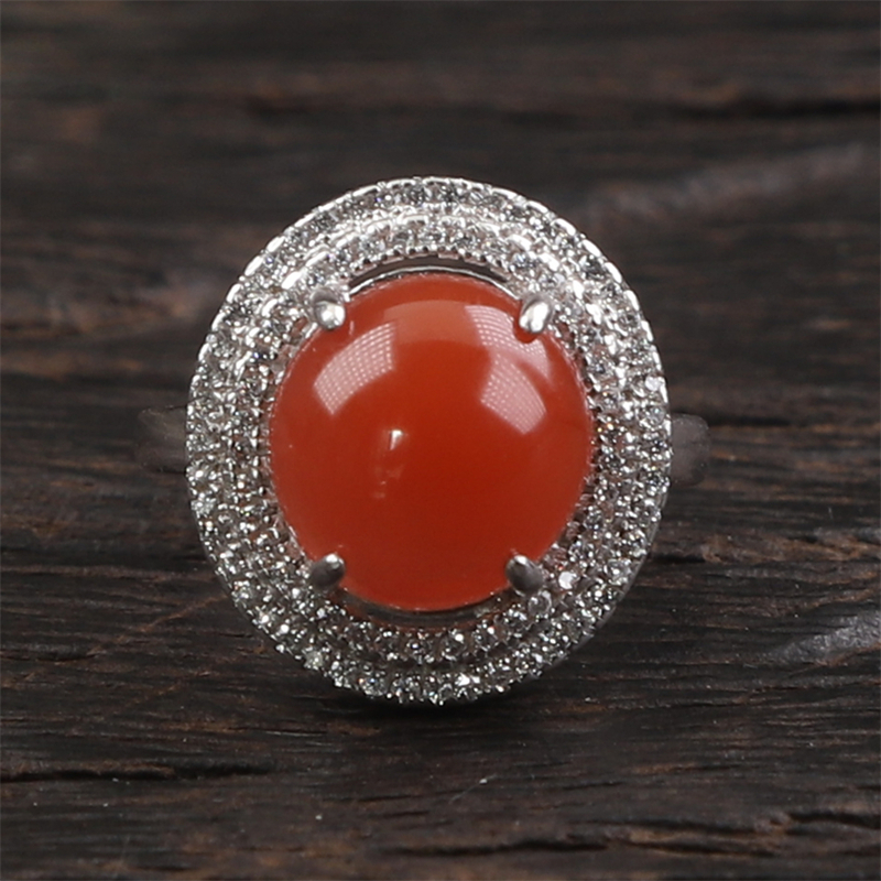 保山南红玛瑙 无裂天然原矿冰红戒面 925银镶嵌女款戒指5.43克