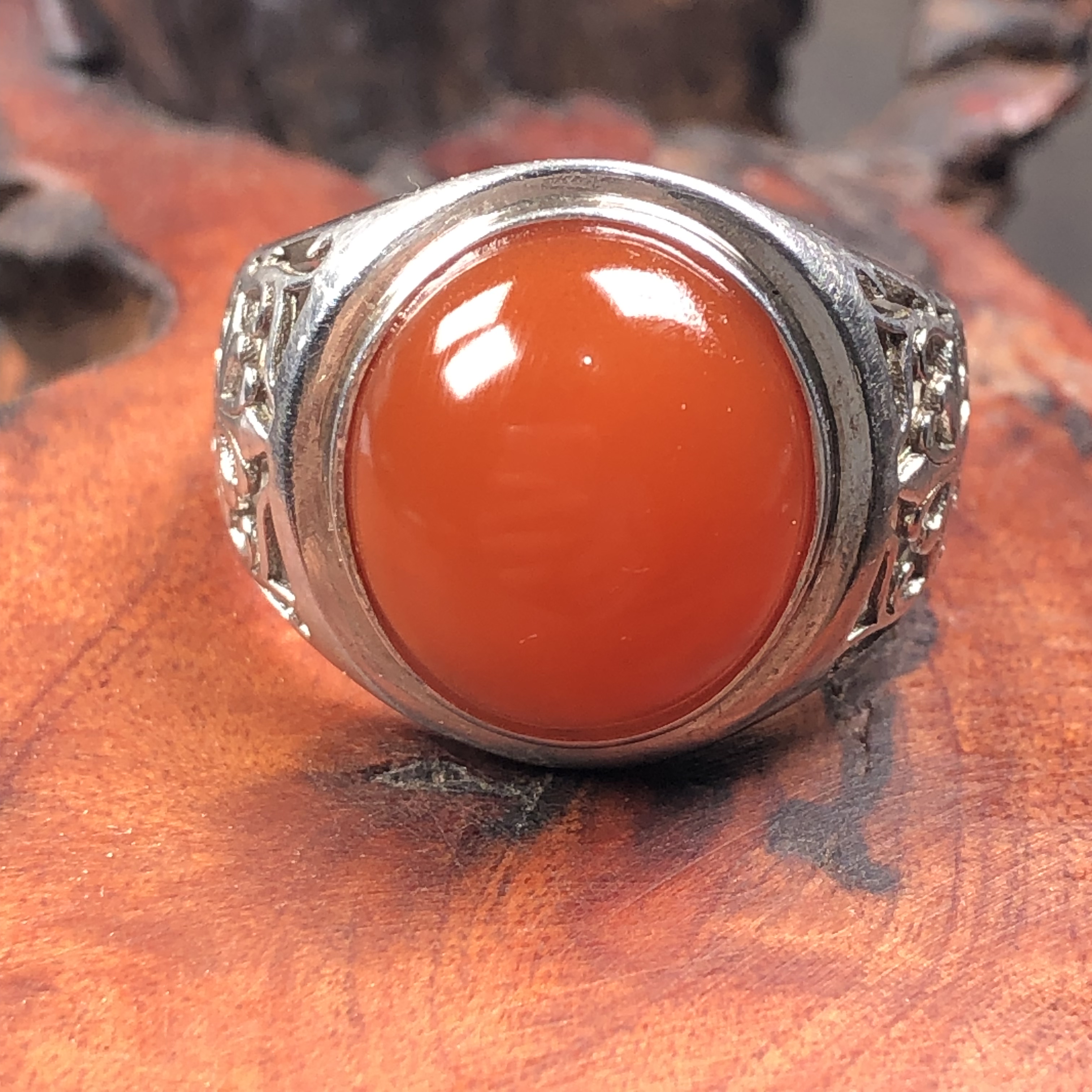 保山南红玛瑙 无裂原矿柿子红蛋面戒面 925银镶嵌男女款戒指8.4克