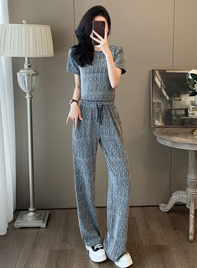 时尚套装休闲夏季2025新款洋气减龄短袖阔腿裤烫钻两件套上衣