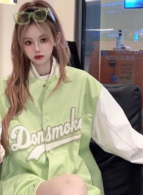 美式绿色刺绣情侣ins夹克服同款
