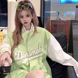 美式休闲绿色棒球服刺绣夹克服外套男女情侣同款ins宽松韩版外套