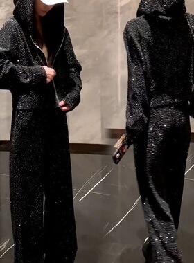 时尚高级感运动套装女春秋休闲宽松显瘦烫钻连帽卫衣长裤两件套潮