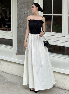 LOOSINGWHITE设计师2025春夏新款撞色拼接缩褶连衣裙吊带裙绑带裙