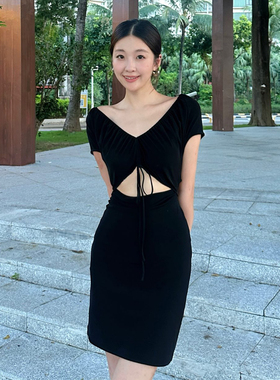 LOOSINGWHITE设计师2025春秋高品质修身醋酸裙露腰性感连衣裙女裙