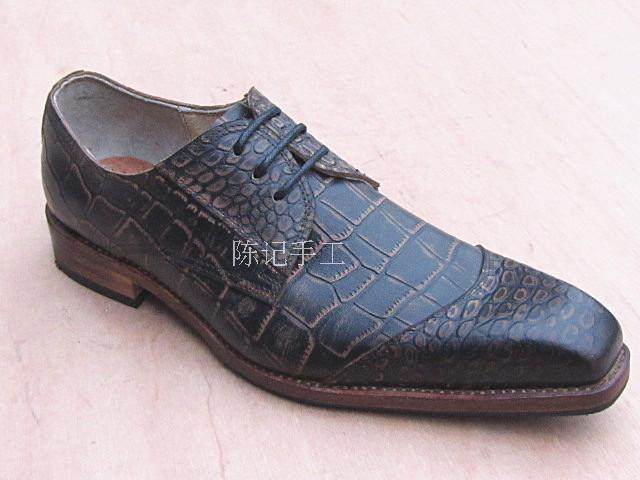 固特异手工皮鞋真皮男鞋流行款式牛皮压花底方头鳄鱼纹皮定制
