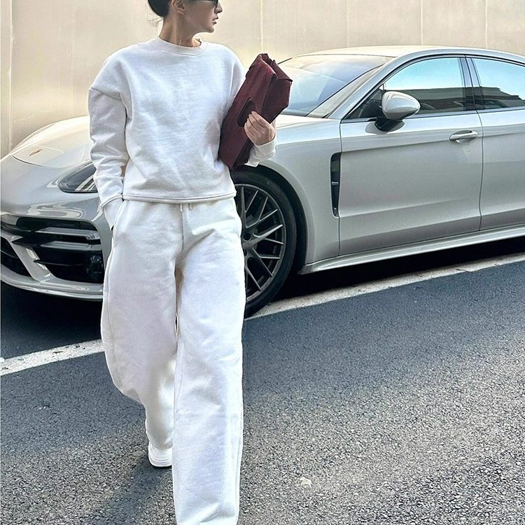 高端定制高级感白色运动卫衣套装女极简风时圆领T恤长裤两件套