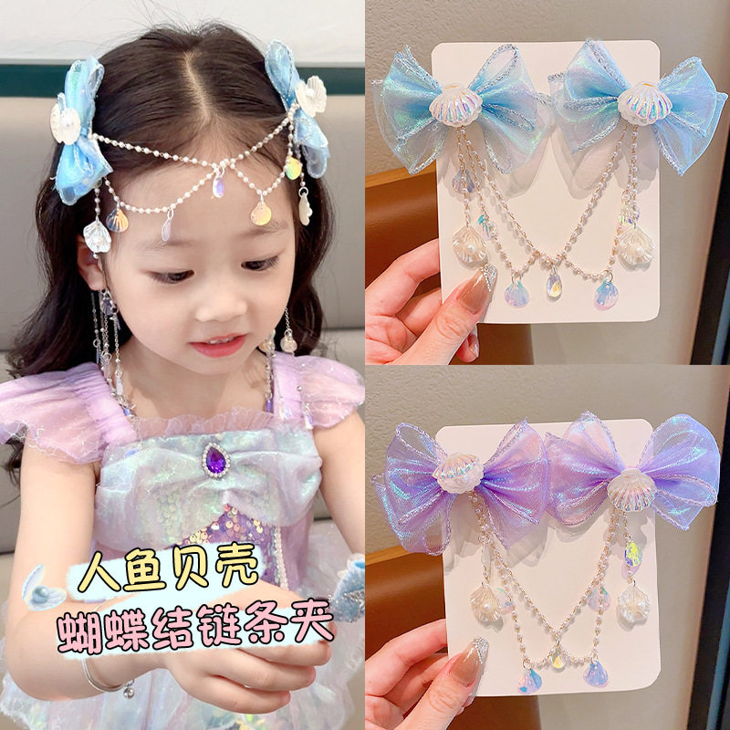 可爱美人鱼公主流苏蝴蝶结额头链发夹儿童发饰发卡子女童表演头饰