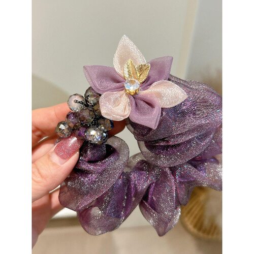 春夏新款欧根纱大肠圈紫色温柔气质花朵头花高级丸子盘发头绳发绳