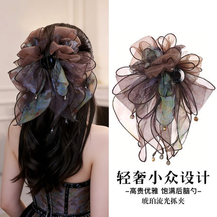 网纱蝴蝶结长飘带泡泡纱褶皱抓夹女感大号发量大后脑勺发夹头饰