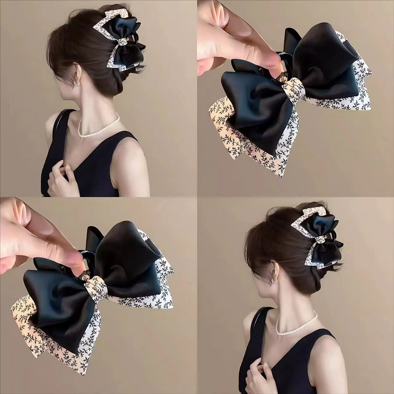 韩版高级感碎花发夹女外出百搭蝴蝶结抓夹后脑勺马尾夹鲨鱼夹发饰